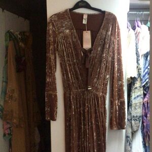 HAH Brown Crushed Velvet V-Neck Long-Sleeve Jumpsuit with Front Tie SMALL